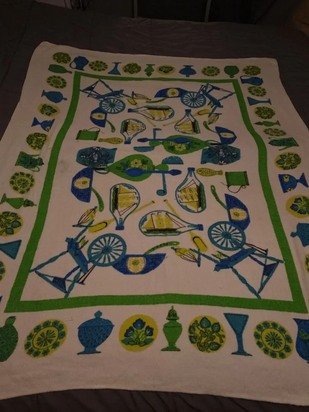 Vintage MCM Kitschy Kitchen Fabric Spice Vegetables Blue Green Brown Table Cloth
